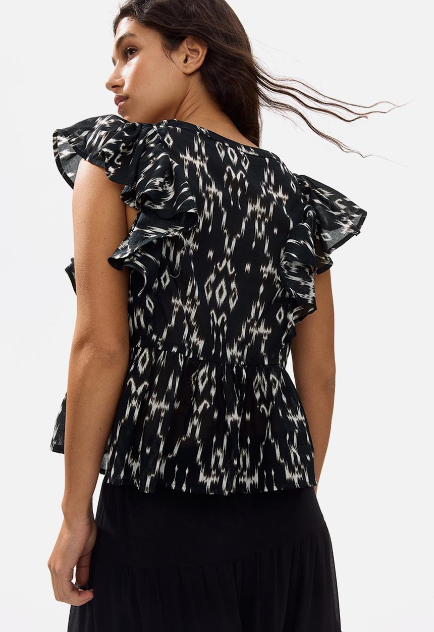 H&M - Frill-trimmed cotton top - dark grey/patterned