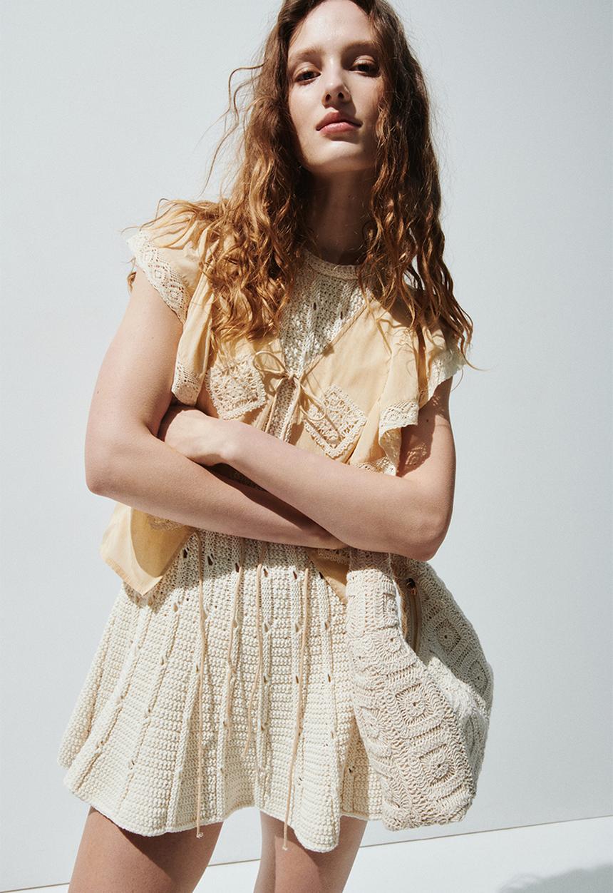 H&M - Lace-trimmed flounced blouse - light beige