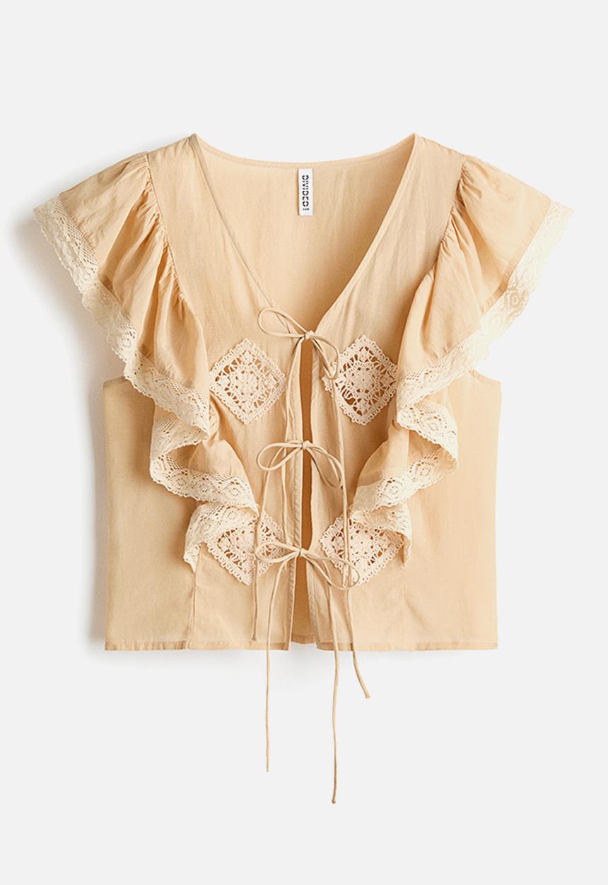 H&M - Lace-trimmed flounced blouse - light beige