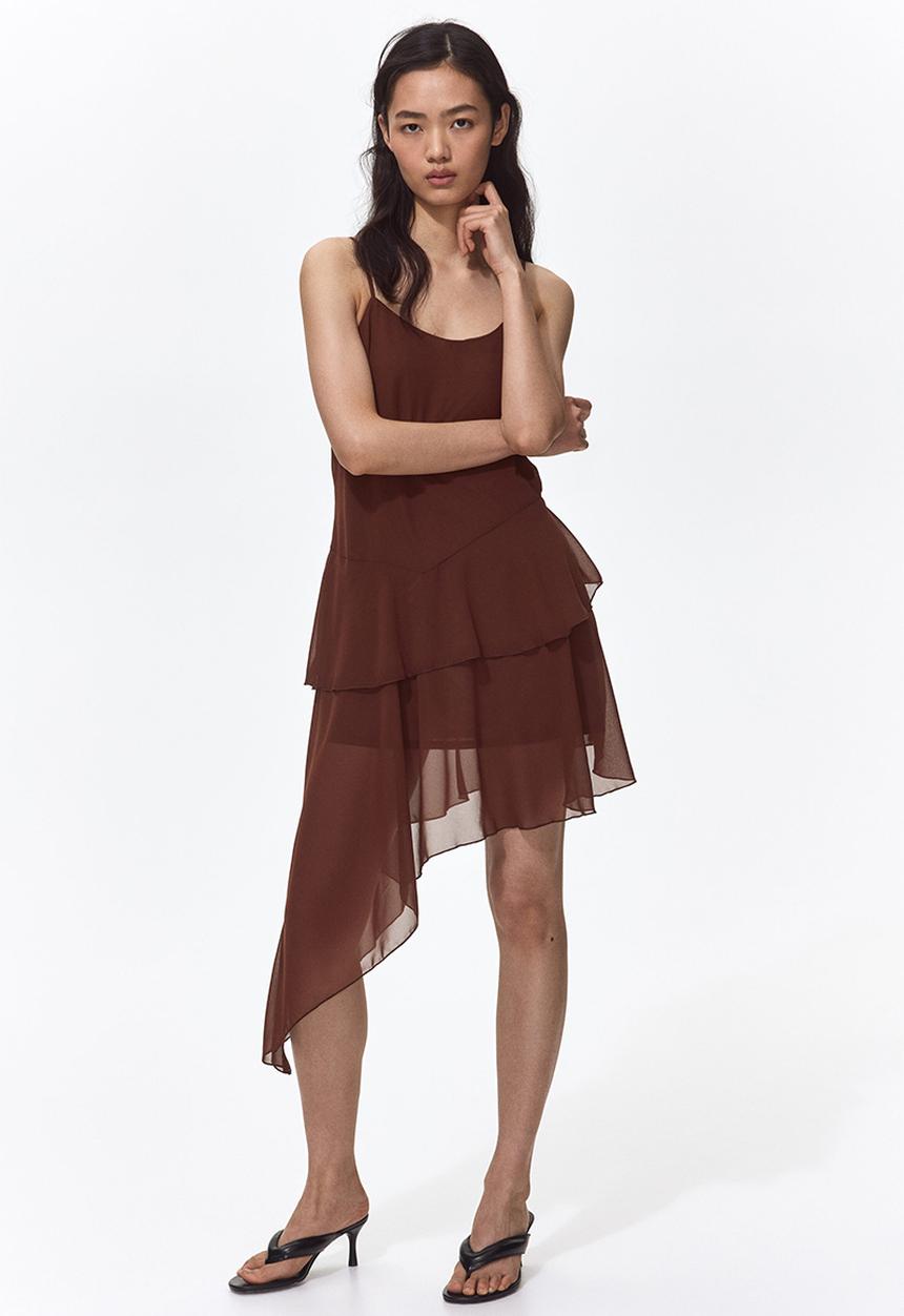 H&M - Asymmetric chiffon dress - dark brown