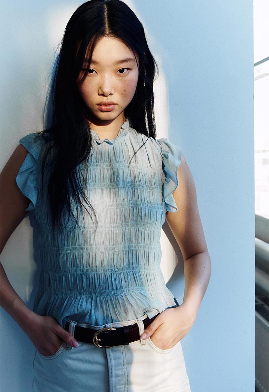 H&M - Smocked peplum top - light dusty turquoise