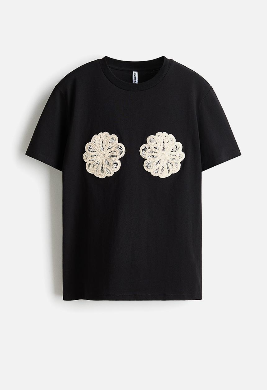 H&M - Appliquéd t-shirt - black/flowers
