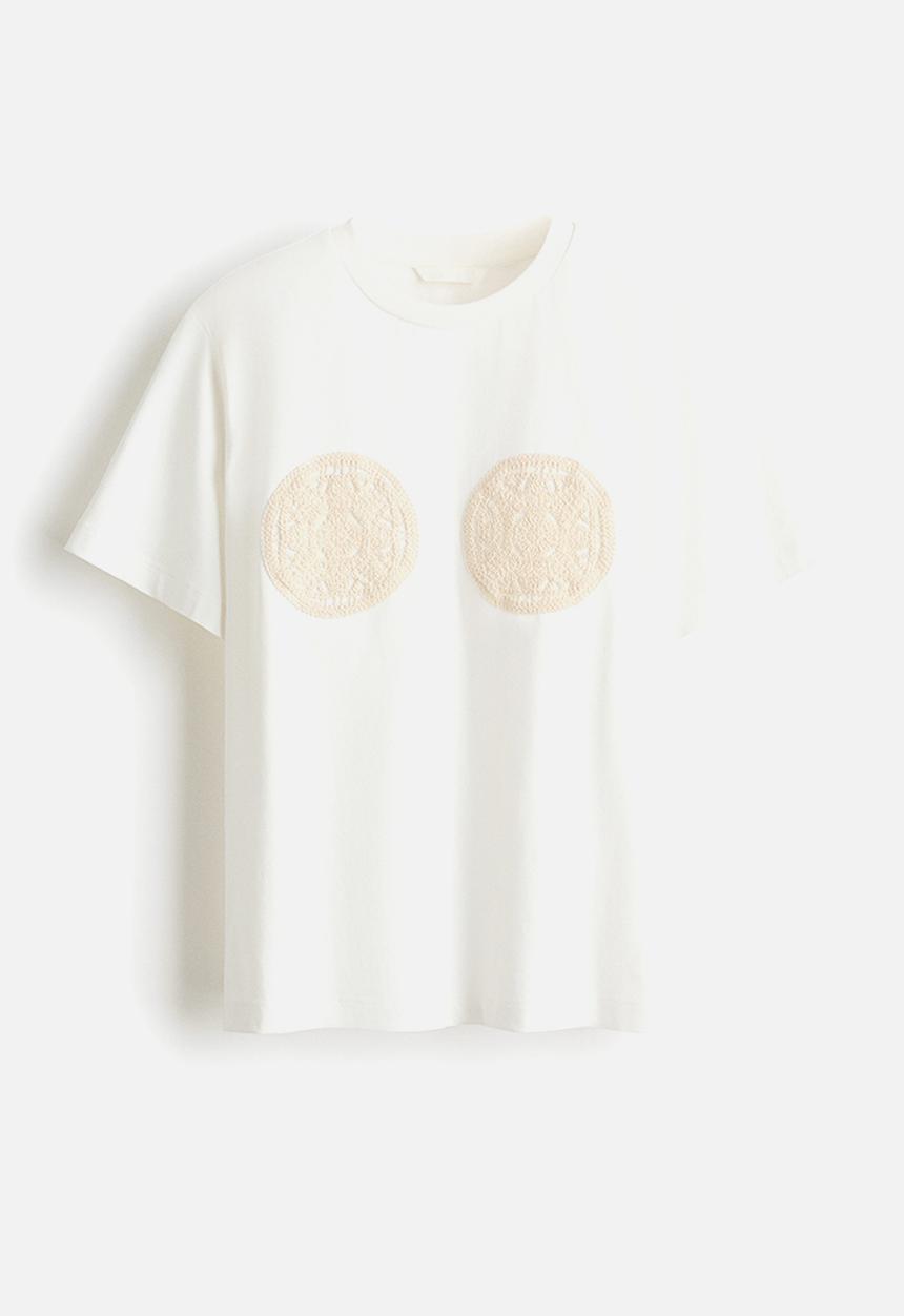 H&M - Embroidered-motif t-shirt - white/beige