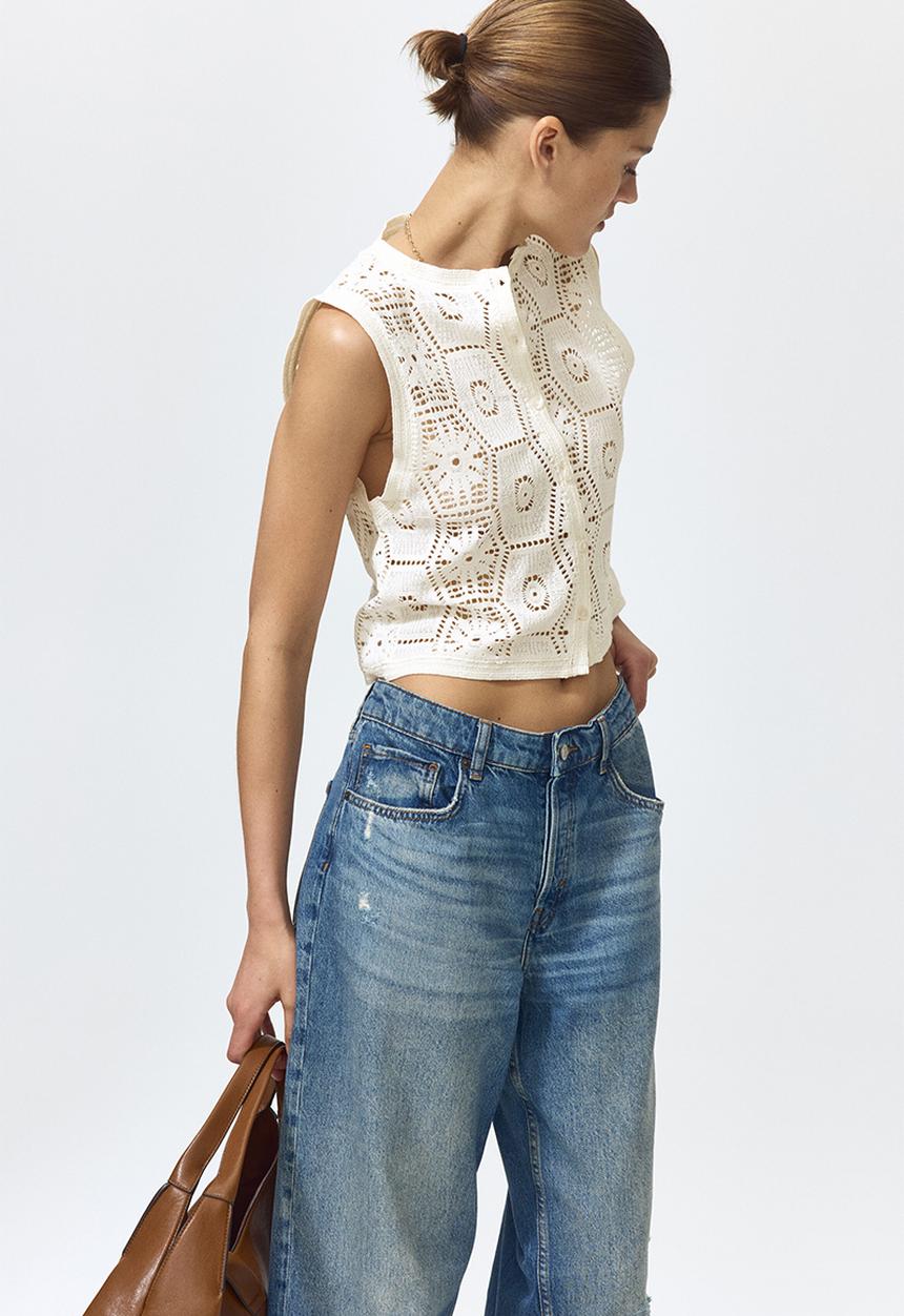 H&M - Crochet-look button-front top - cream