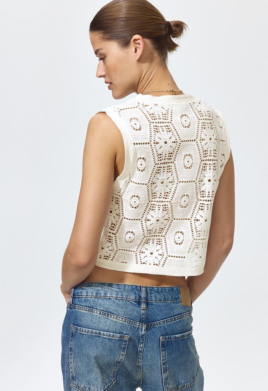 H&M - Crochet-look button-front top - cream
