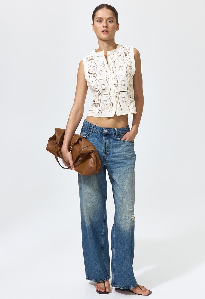 H&M - Crochet-look button-front top - cream