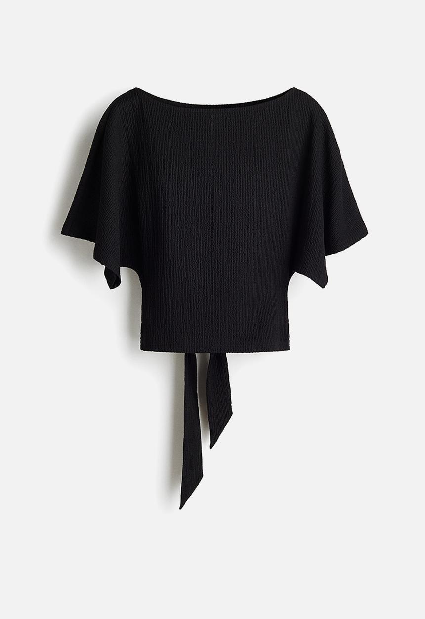 H&M - Crinkled tie-detail top - black