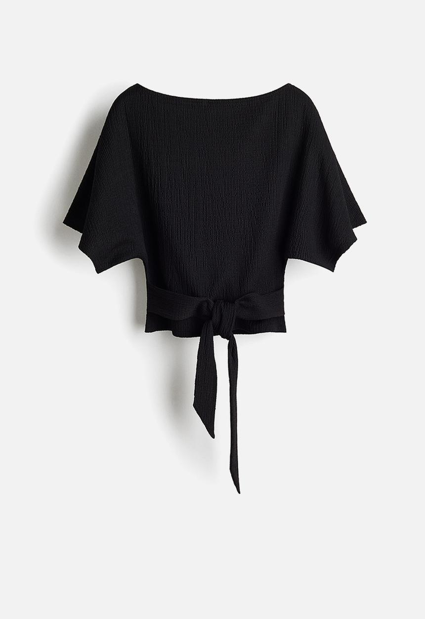 H&M - Crinkled tie-detail top - black