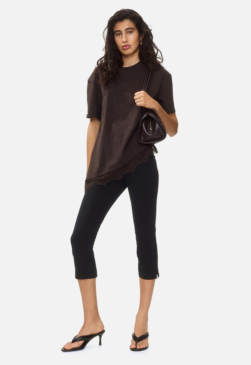 H&M - Asymmetric lace-trimmed t-shirt - dark brown
