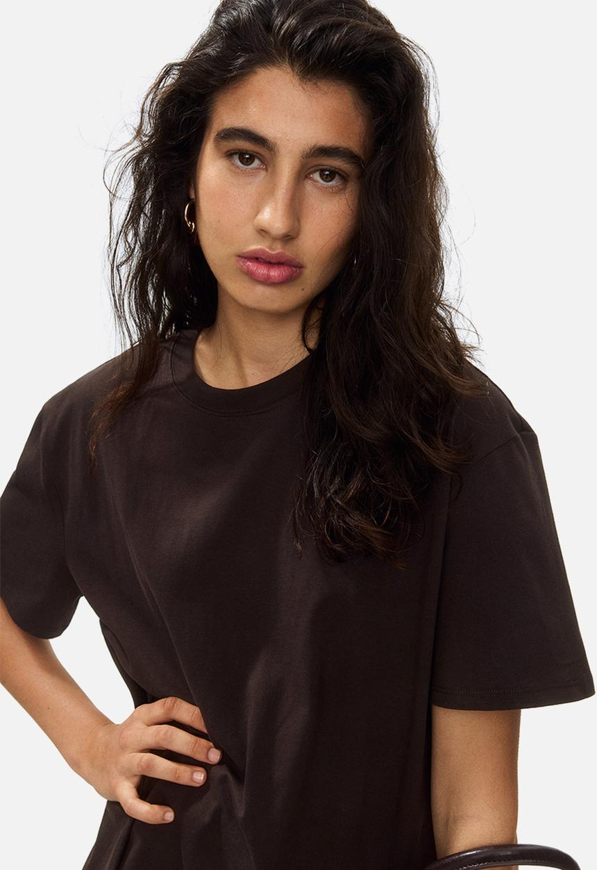 H&M - Asymmetric lace-trimmed t-shirt - dark brown