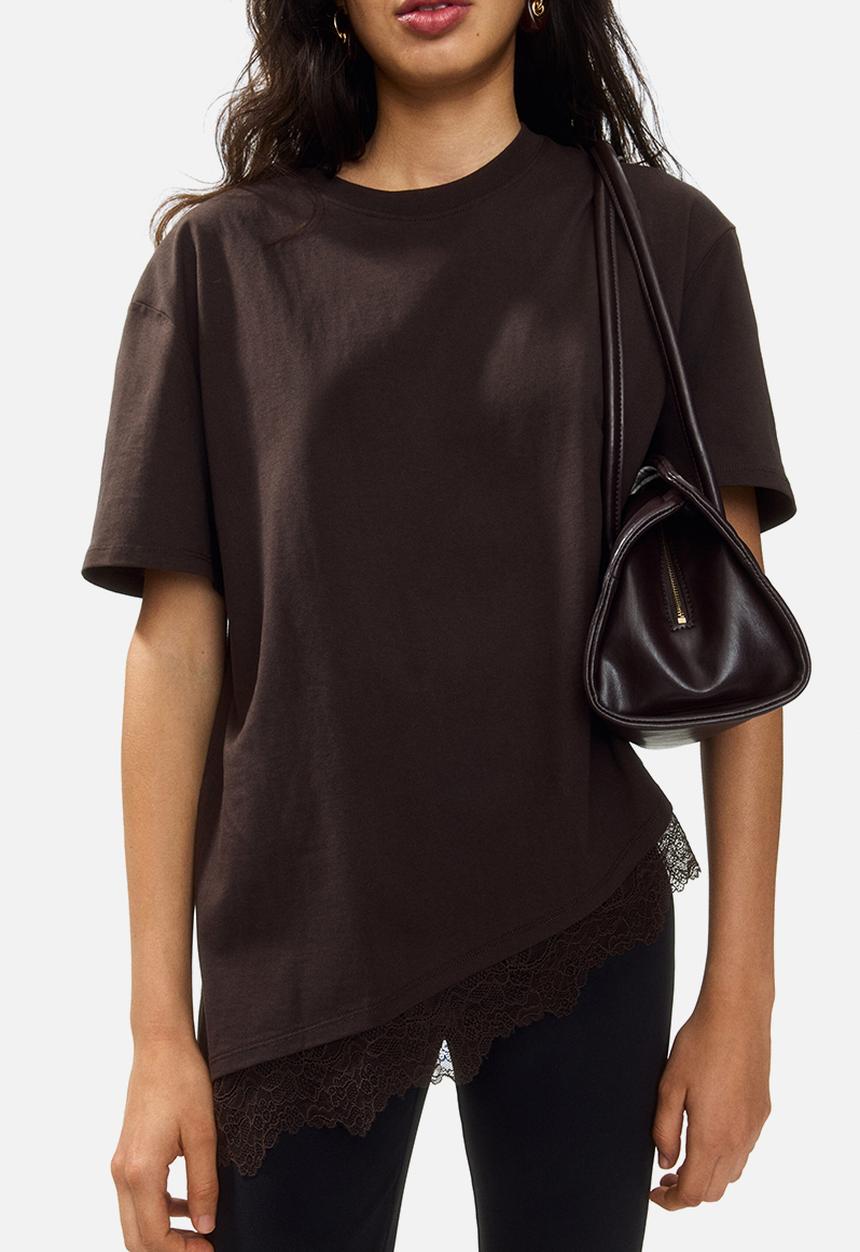 H&M - Asymmetric lace-trimmed t-shirt - dark brown