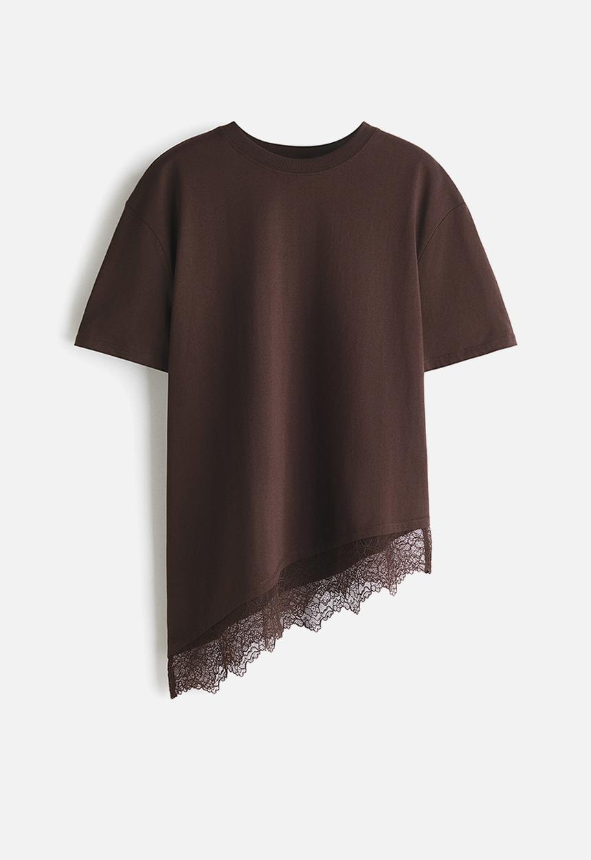 H&M - Asymmetric lace-trimmed t-shirt - dark brown