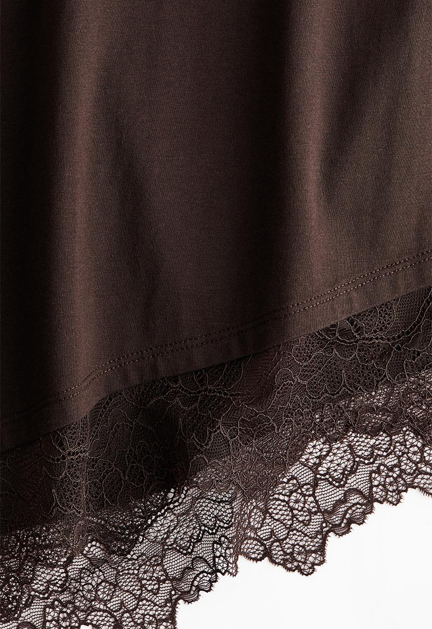 H&M - Asymmetric lace-trimmed t-shirt - dark brown