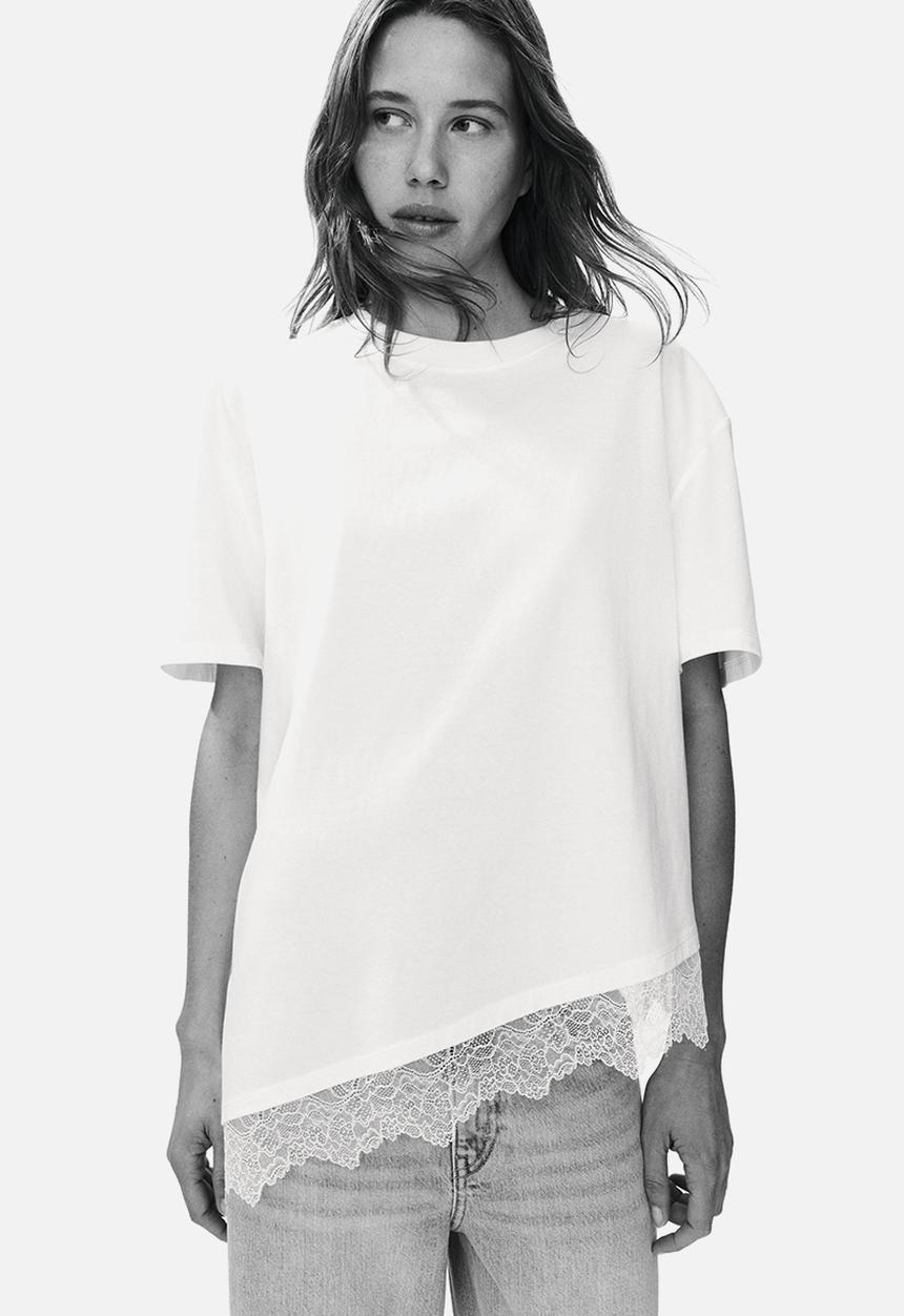 H&M - Asymmetric lace-trimmed t-shirt - white
