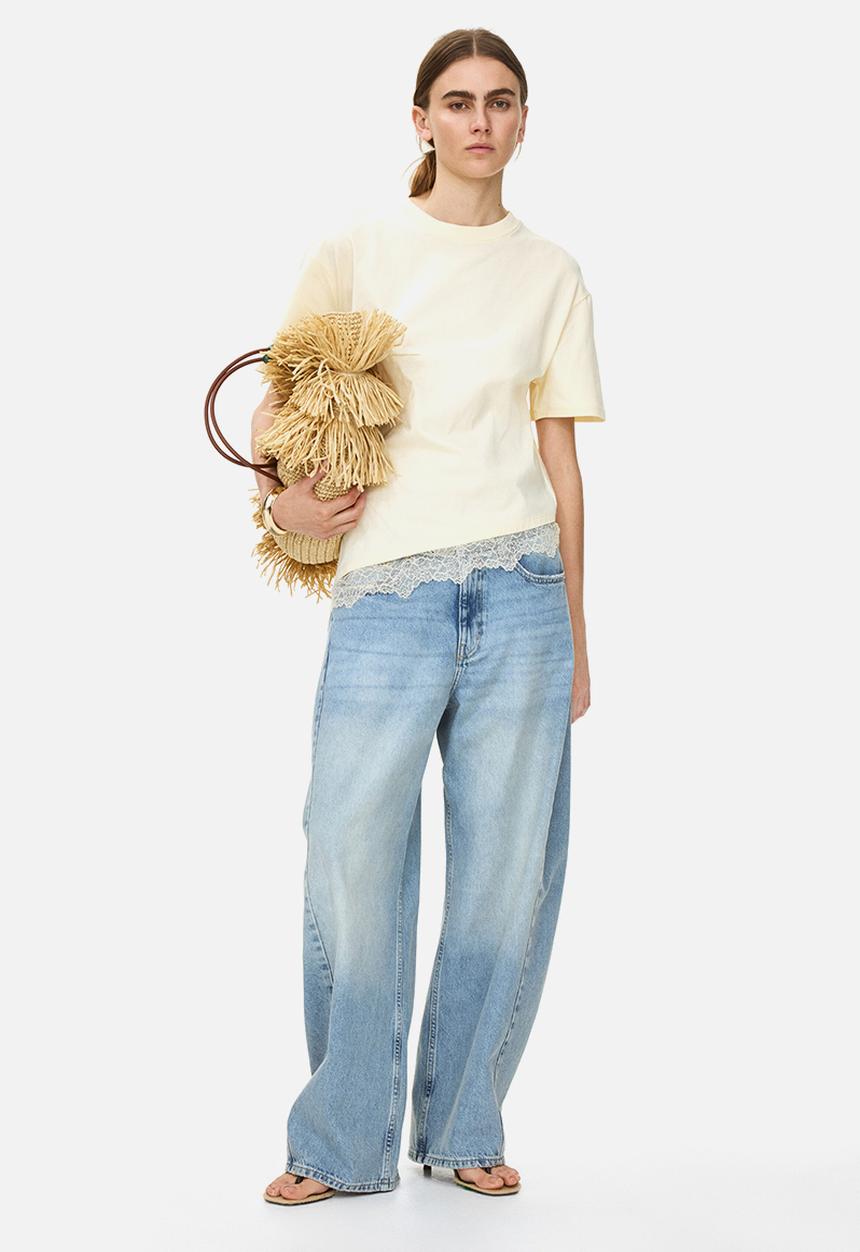 H&M - Asymmetric lace-trimmed t-shirt - light yellow