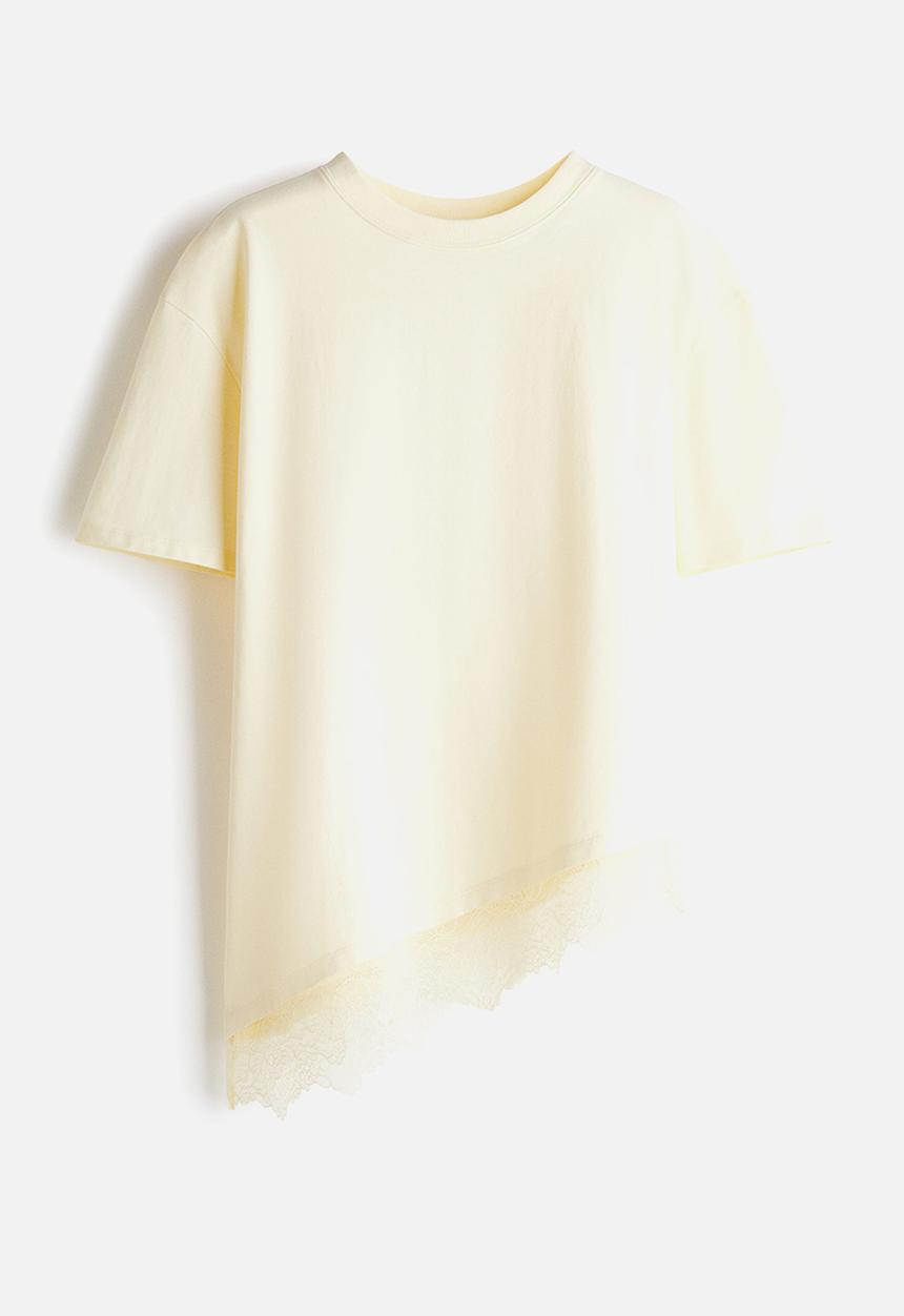 H&M - Asymmetric lace-trimmed t-shirt - light yellow