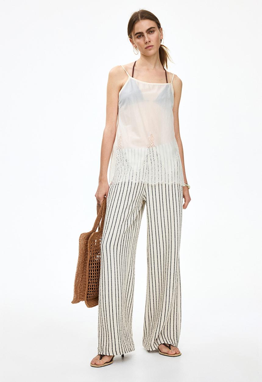 H&M - Wide crinkled trousers - light beige/dark grey striped