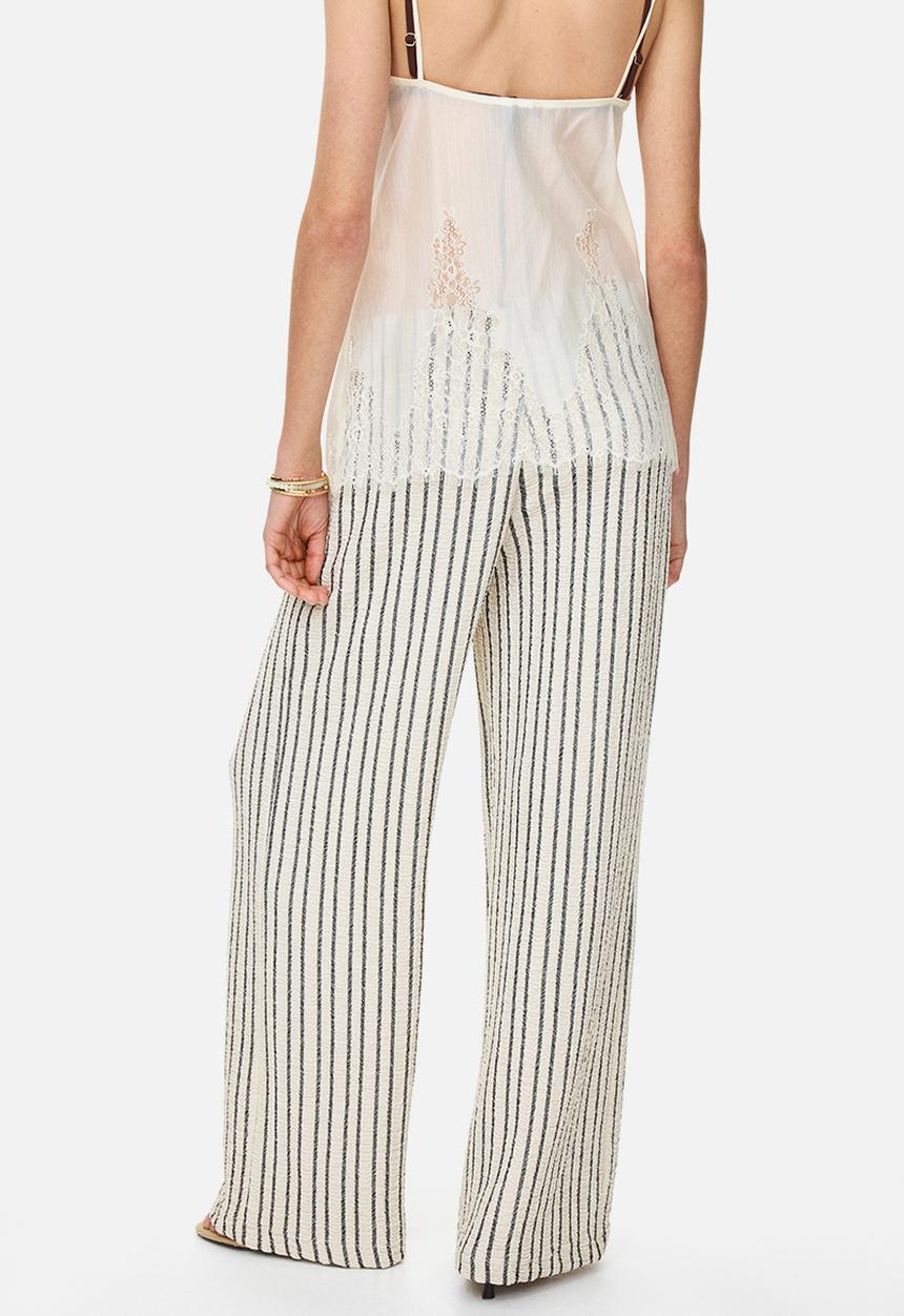 H&M - Wide crinkled trousers - light beige/dark grey striped