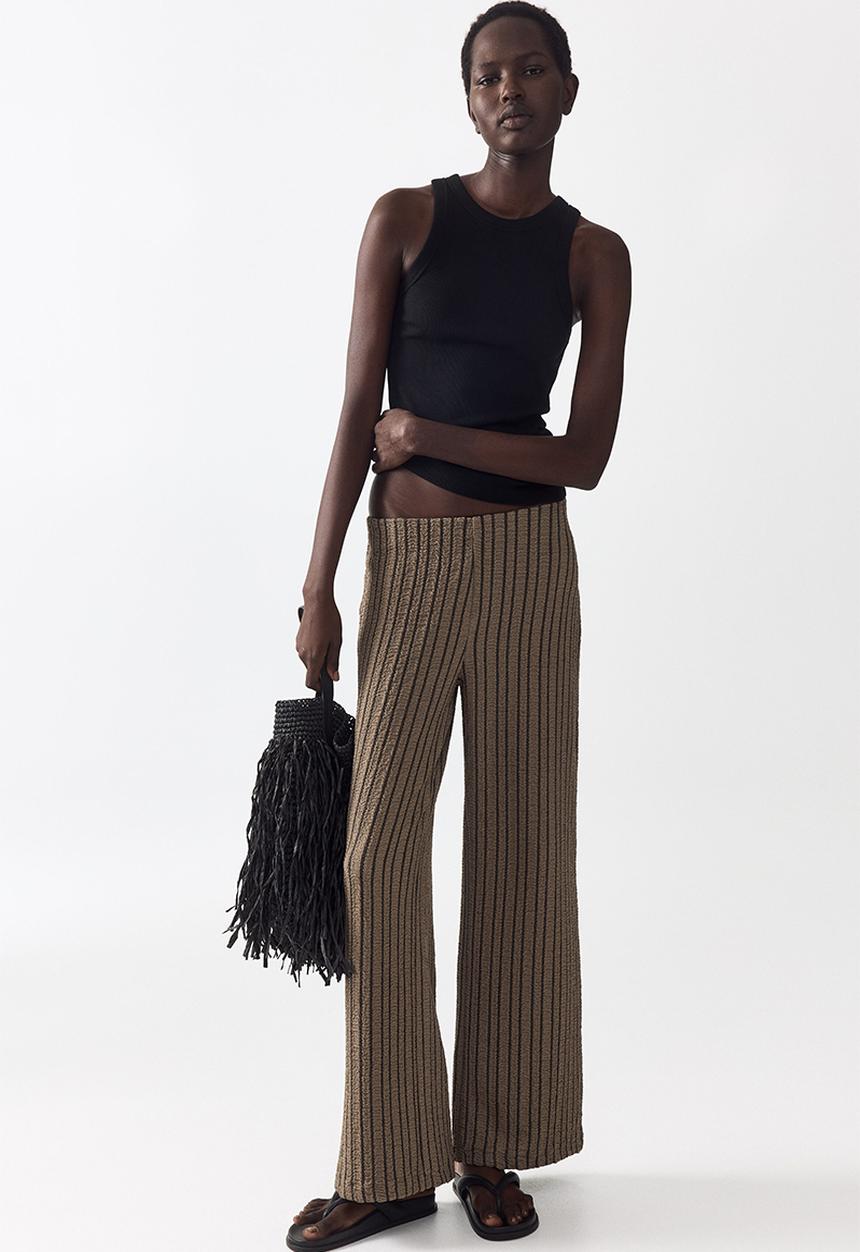 H&M - Wide crinkled trousers - dark mole/striped
