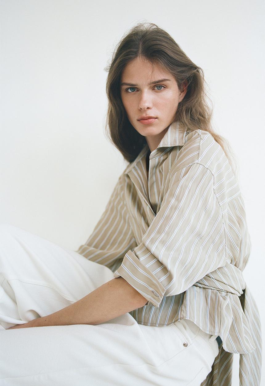 H&M - Tie-detail blouse - light beige/striped