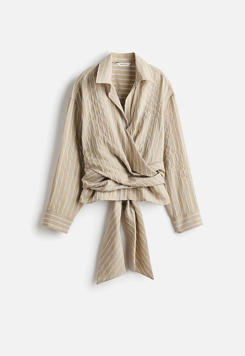 H&M - Tie-detail blouse - light beige/striped