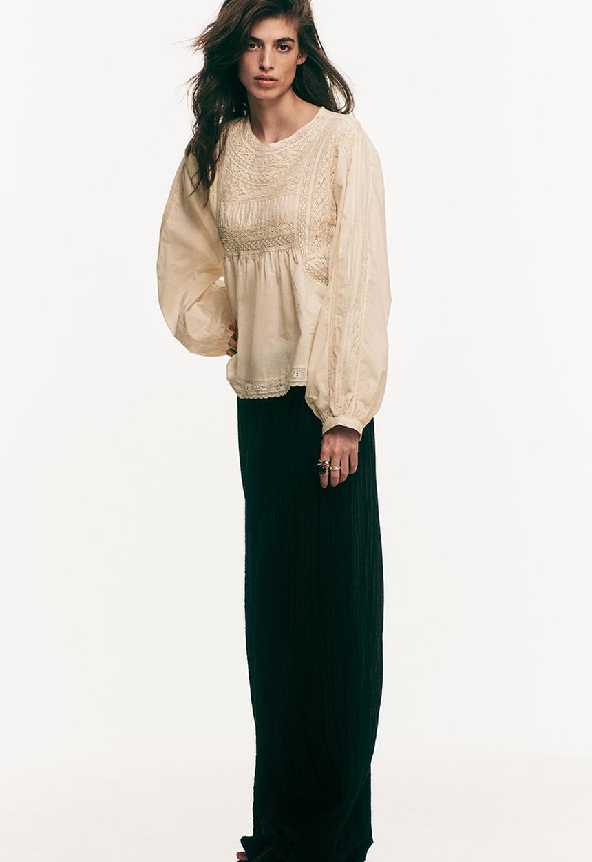 H&M - Lace-inset cotton blouse - light beige