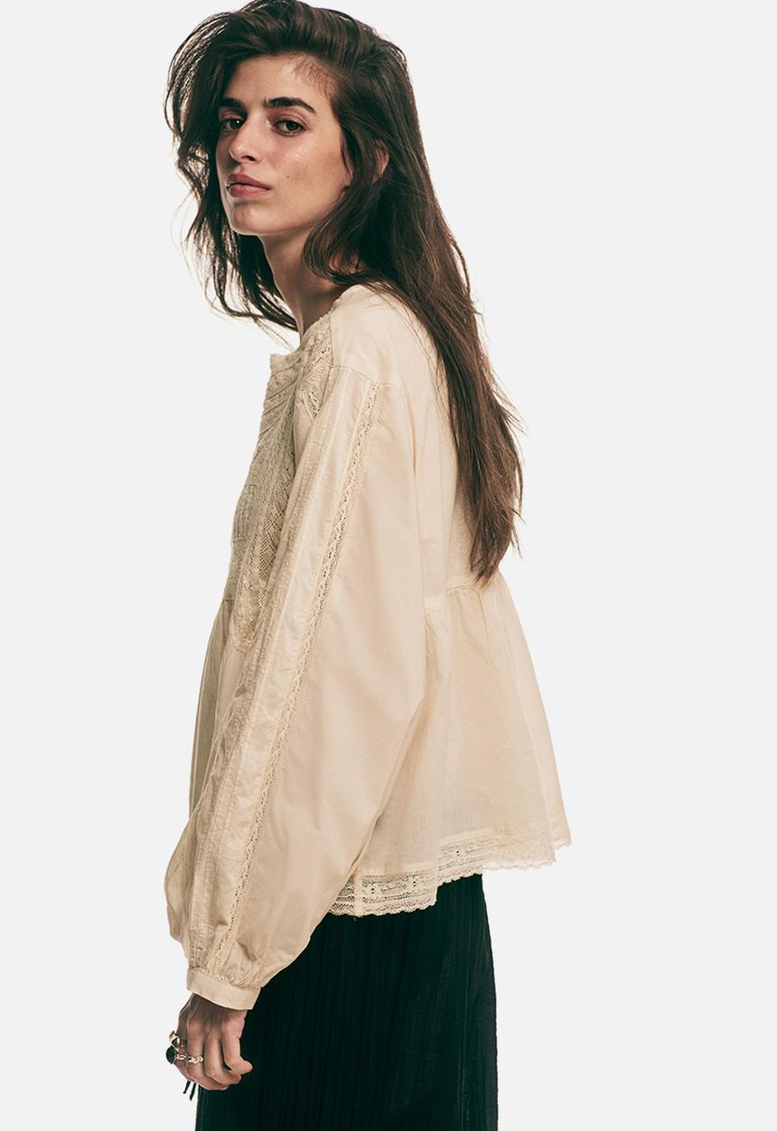 H&M - Lace-inset cotton blouse - light beige