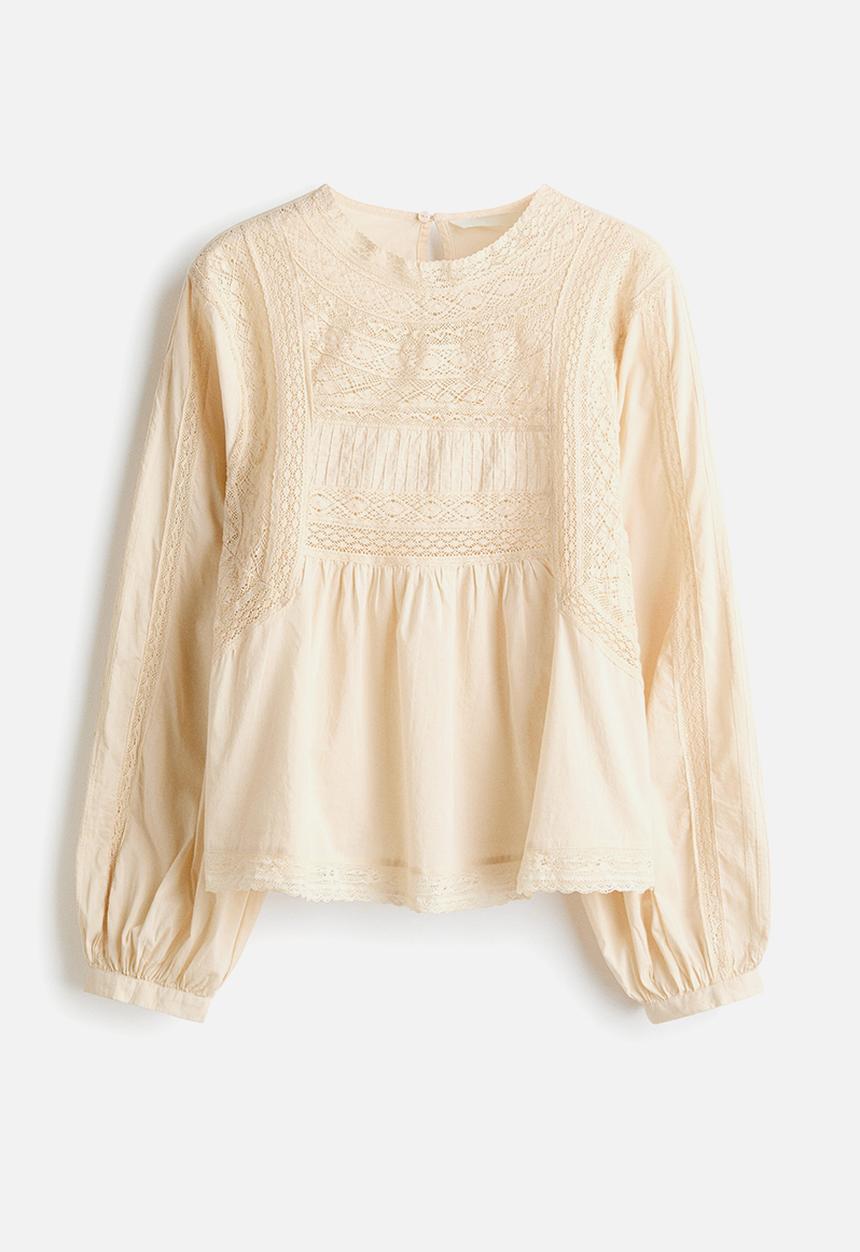 H&M - Lace-inset cotton blouse - light beige