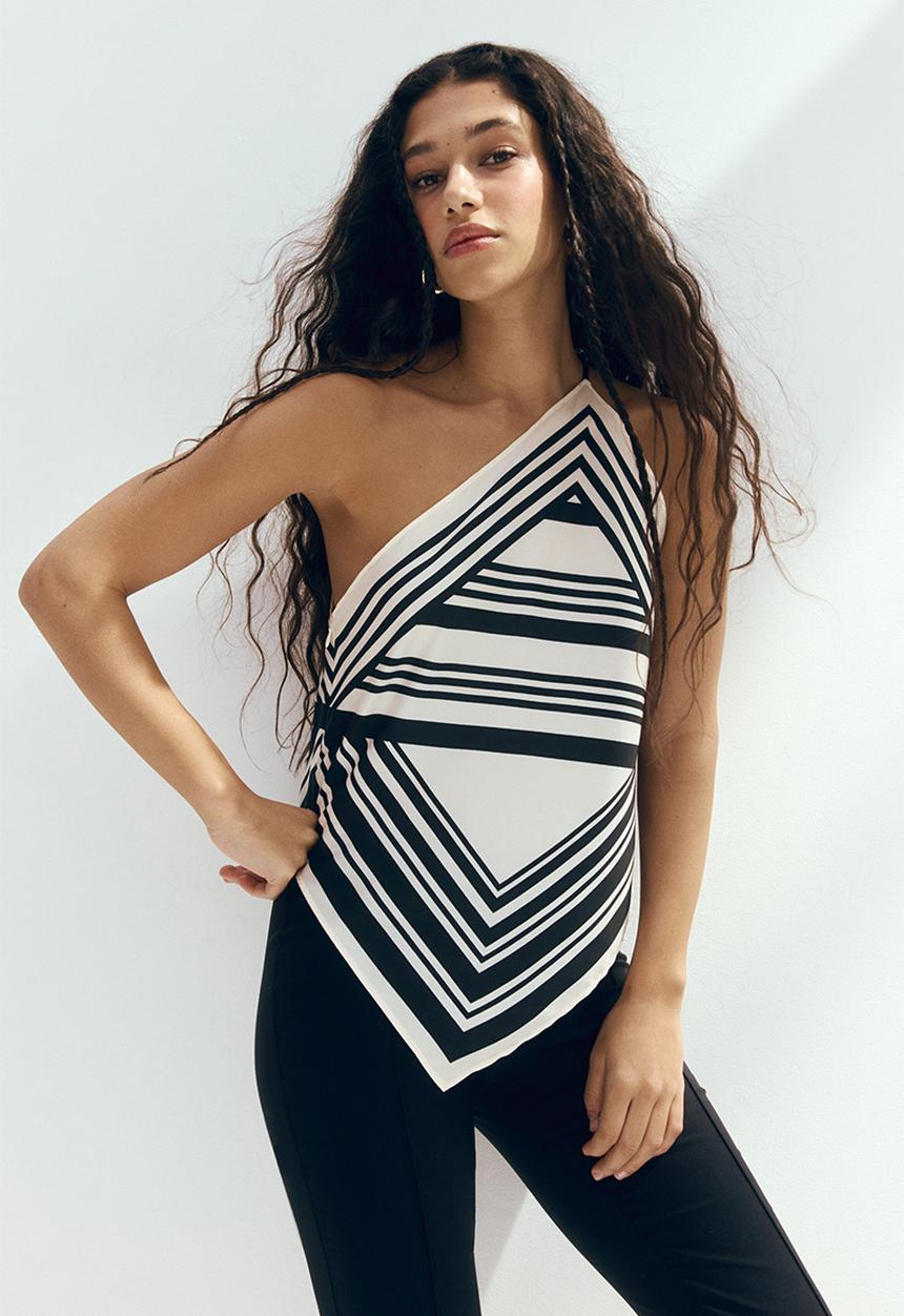 H&M - Scarf-look one-shoulder top - cream/striped