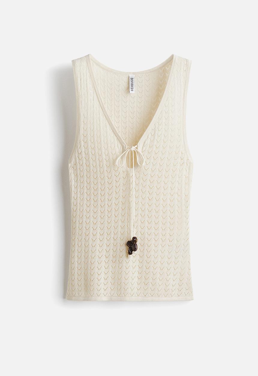 H&M - Pointelle-knit tie-detail top - light beige