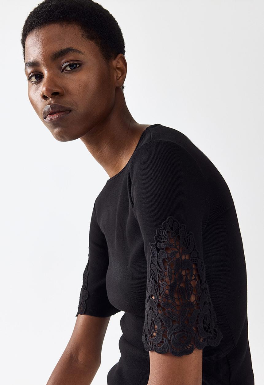 H&M - Ribbed lace-inset top - black