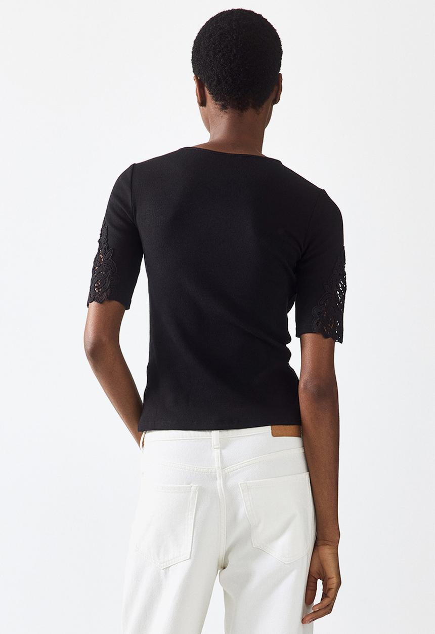 H&M - Ribbed lace-inset top - black