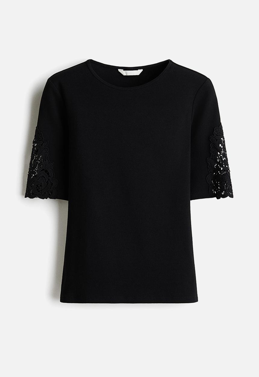 H&M - Ribbed lace-inset top - black