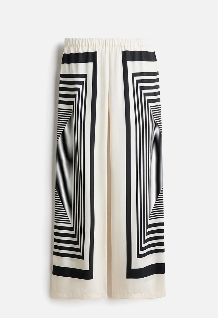 H&M - Wide satin trousers - cream/patterned