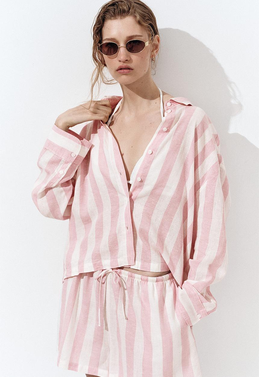 H&M - Linen-blend shirt - light pink/striped