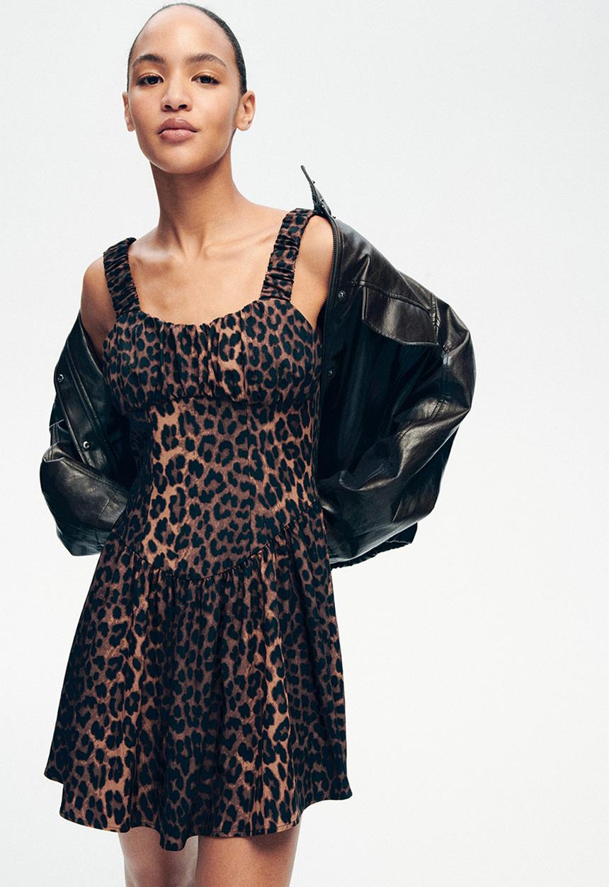 H&M - Printed flared-skirt dress - dark brown/leopard print