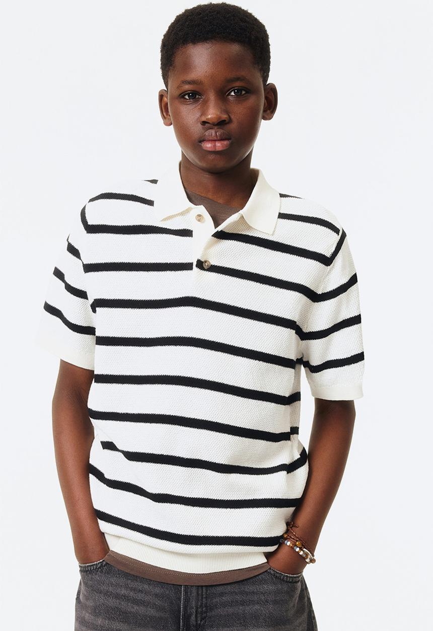 H&M - Waffle-knit polo shirt - white/black striped
