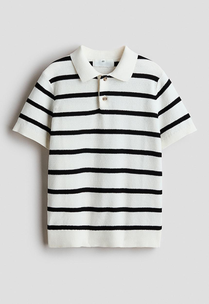 H&M - Waffle-knit polo shirt - white/black striped