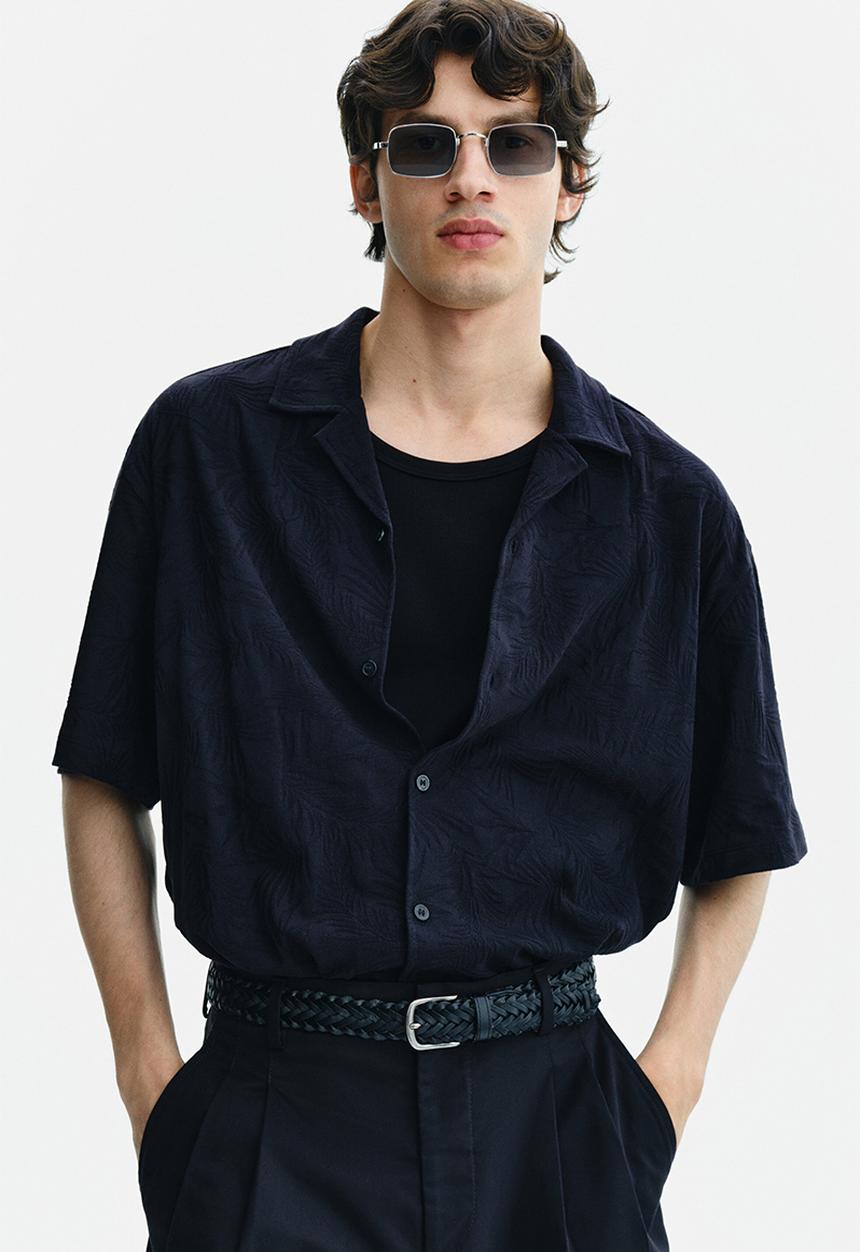 H&M - Relaxed fit jacquard-jersey resort shirt - black