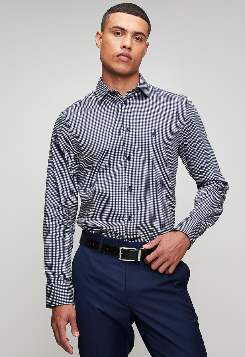 POLO - Mens long sleeve gingham shirt - navy