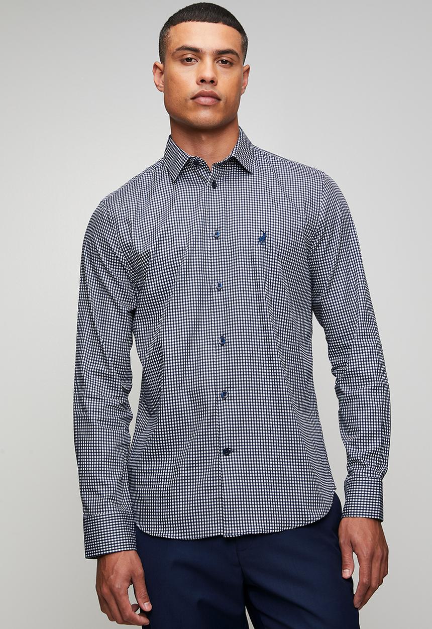 POLO - Mens long sleeve gingham shirt - navy