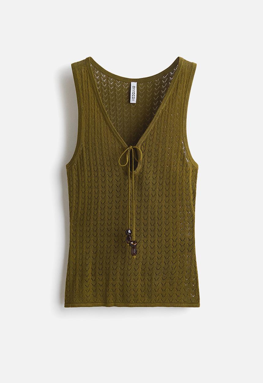 H&M - Pointelle-knit tie-detail top - olive green