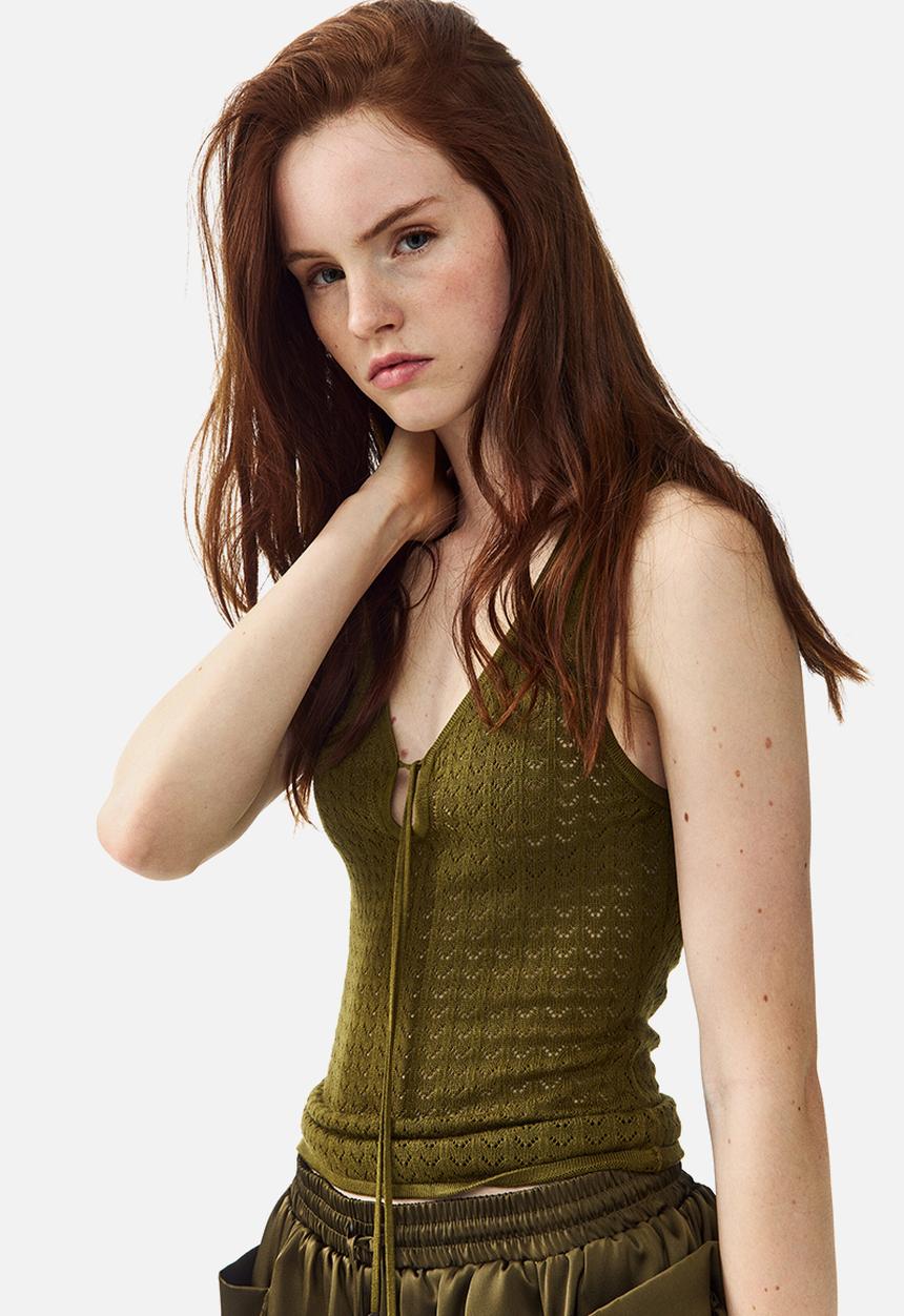 H&M - Pointelle-knit tie-detail top - olive green