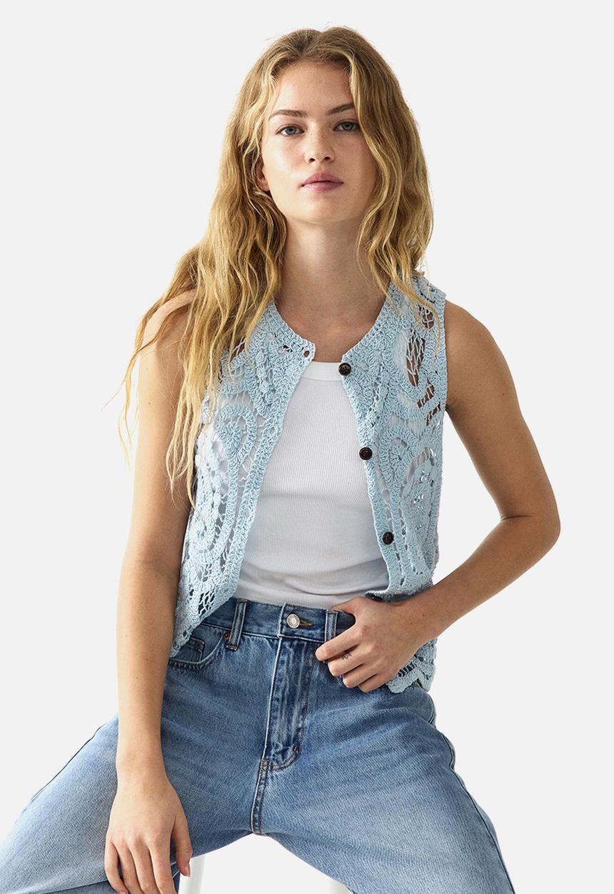 H&M - Crochet-look button-front top - light dusty turquoise