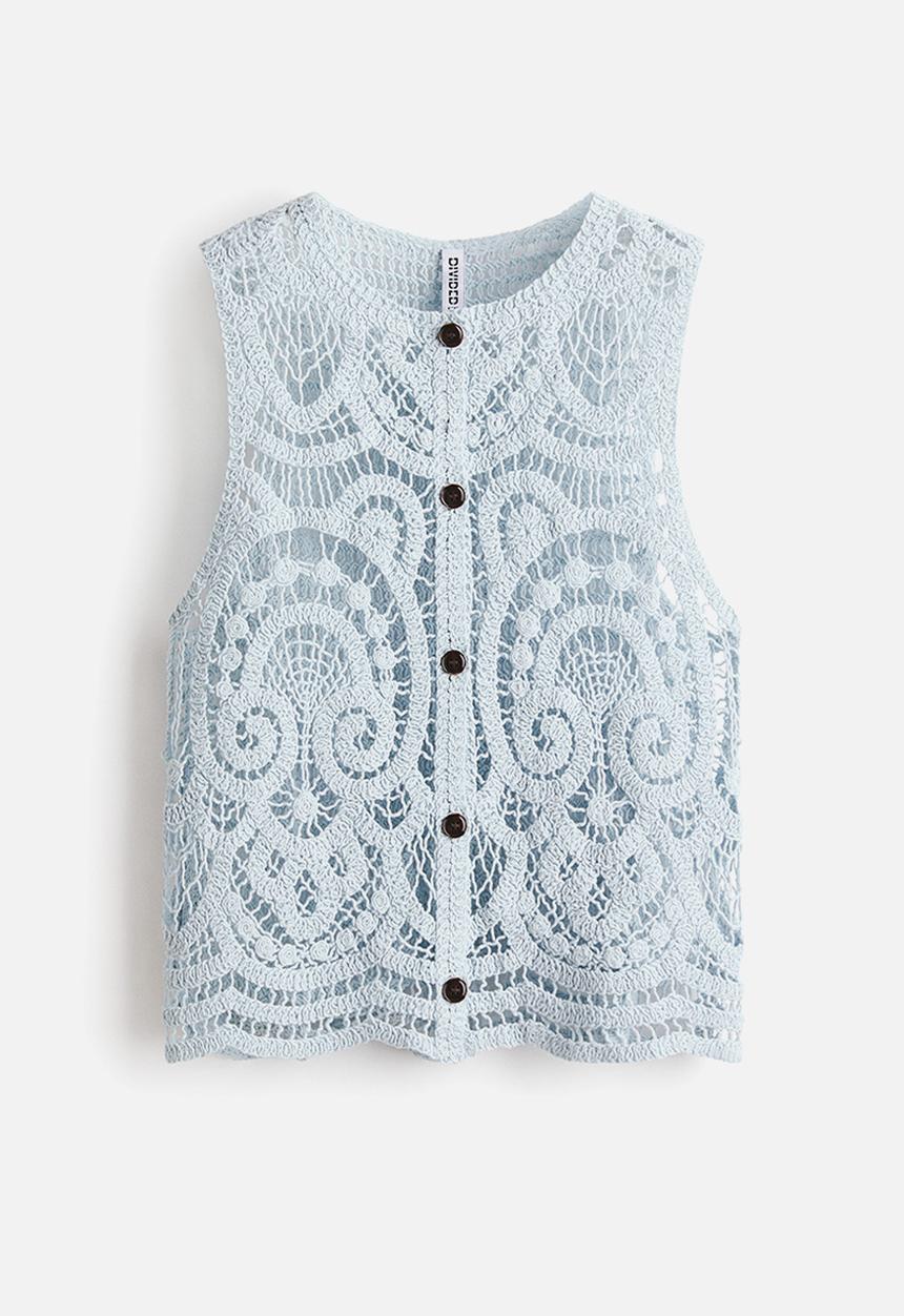 H&M - Crochet-look button-front top - light dusty turquoise