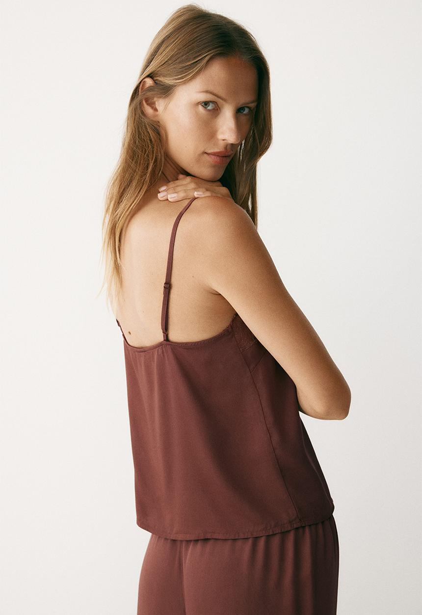 H&M - Lace-trimmed satin pyjama top - dusty maroon