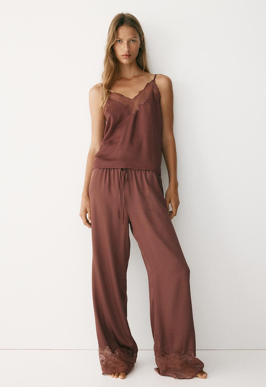 H&M - Lace-trimmed satin pyjama top - dusty maroon