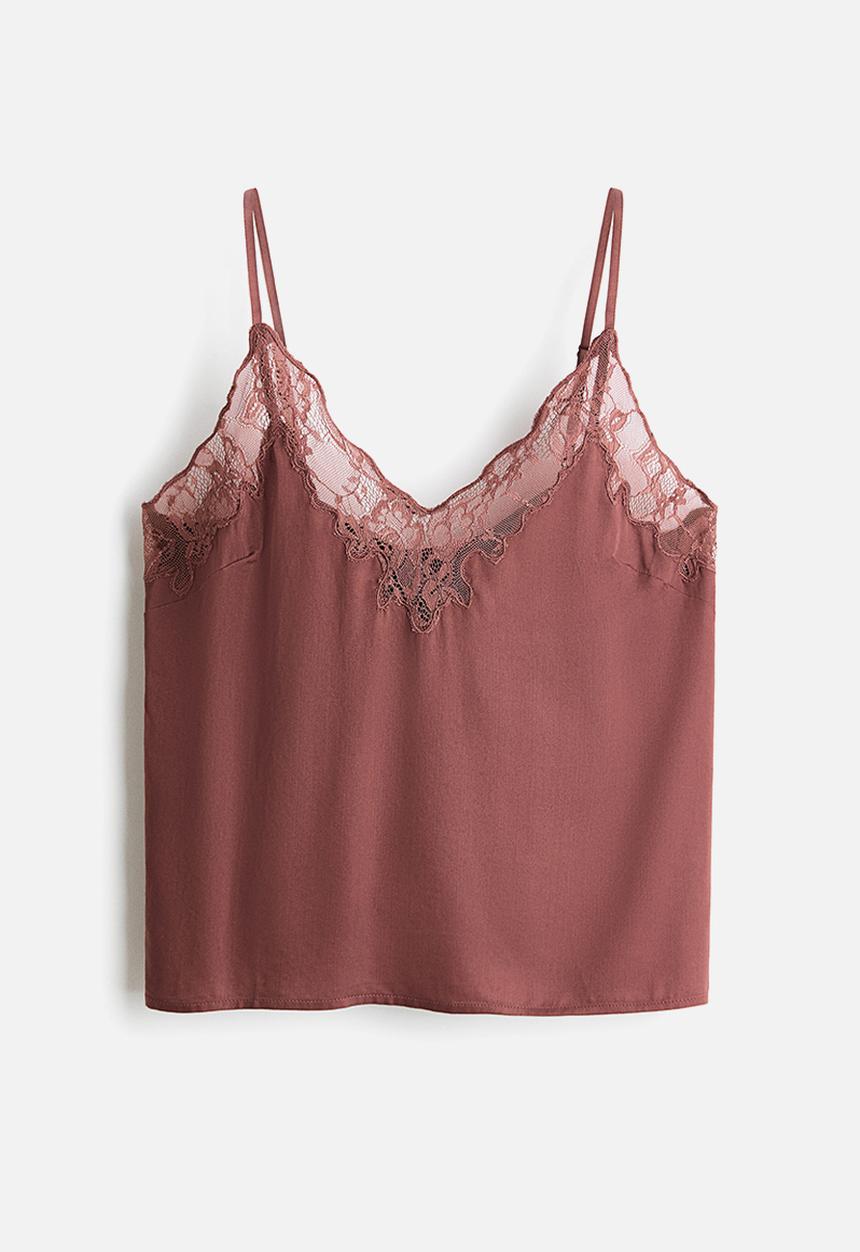 H&M - Lace-trimmed satin pyjama top - dusty maroon