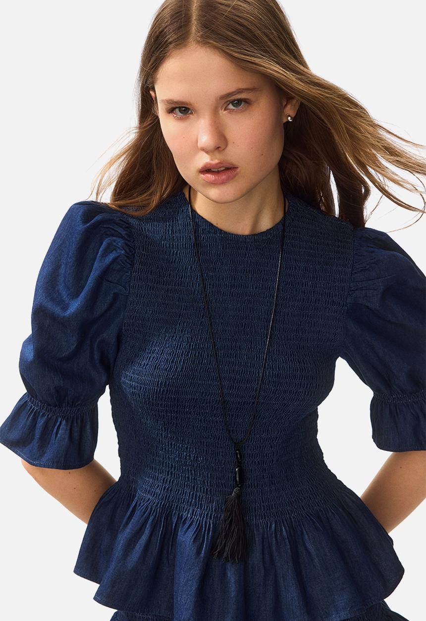 H&M - Smocked denim blouse - dark denim blue
