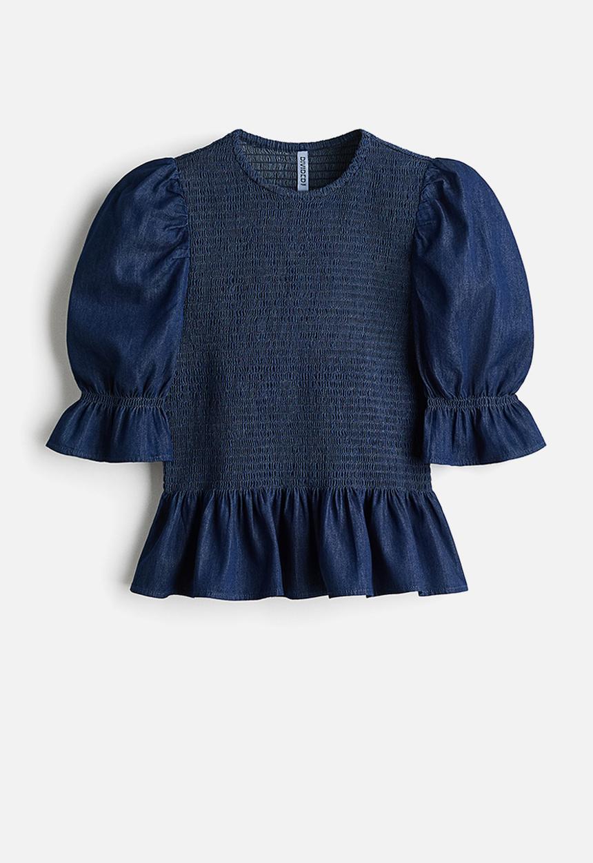 H&M - Smocked denim blouse - dark denim blue